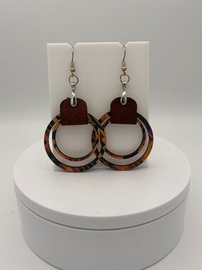 Brown Leather and Multicolor Double Hoop Earrings